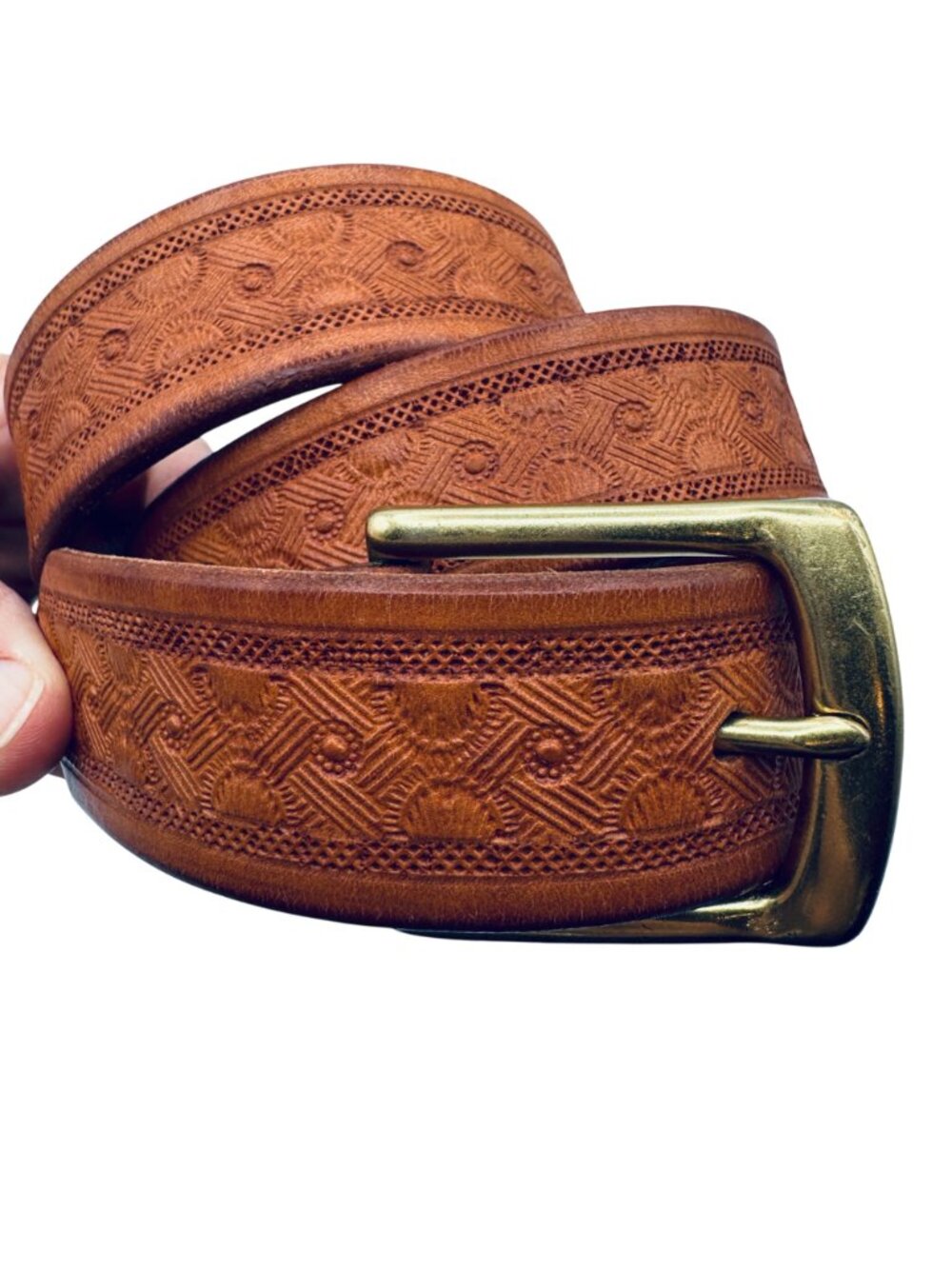 Hand Tooled Leather Belt Artisan R. Krumm Studio Size 32 Brass Buckle - Picture 6 of 6